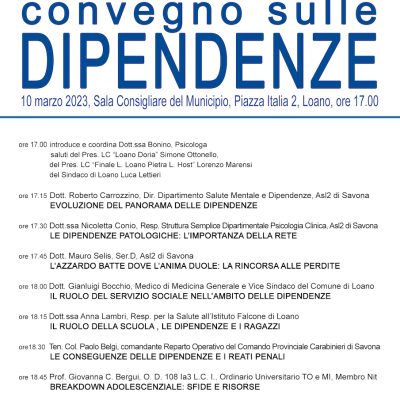 CONVEGNO sulle DIPENDENZE a LOANO 10 marzo